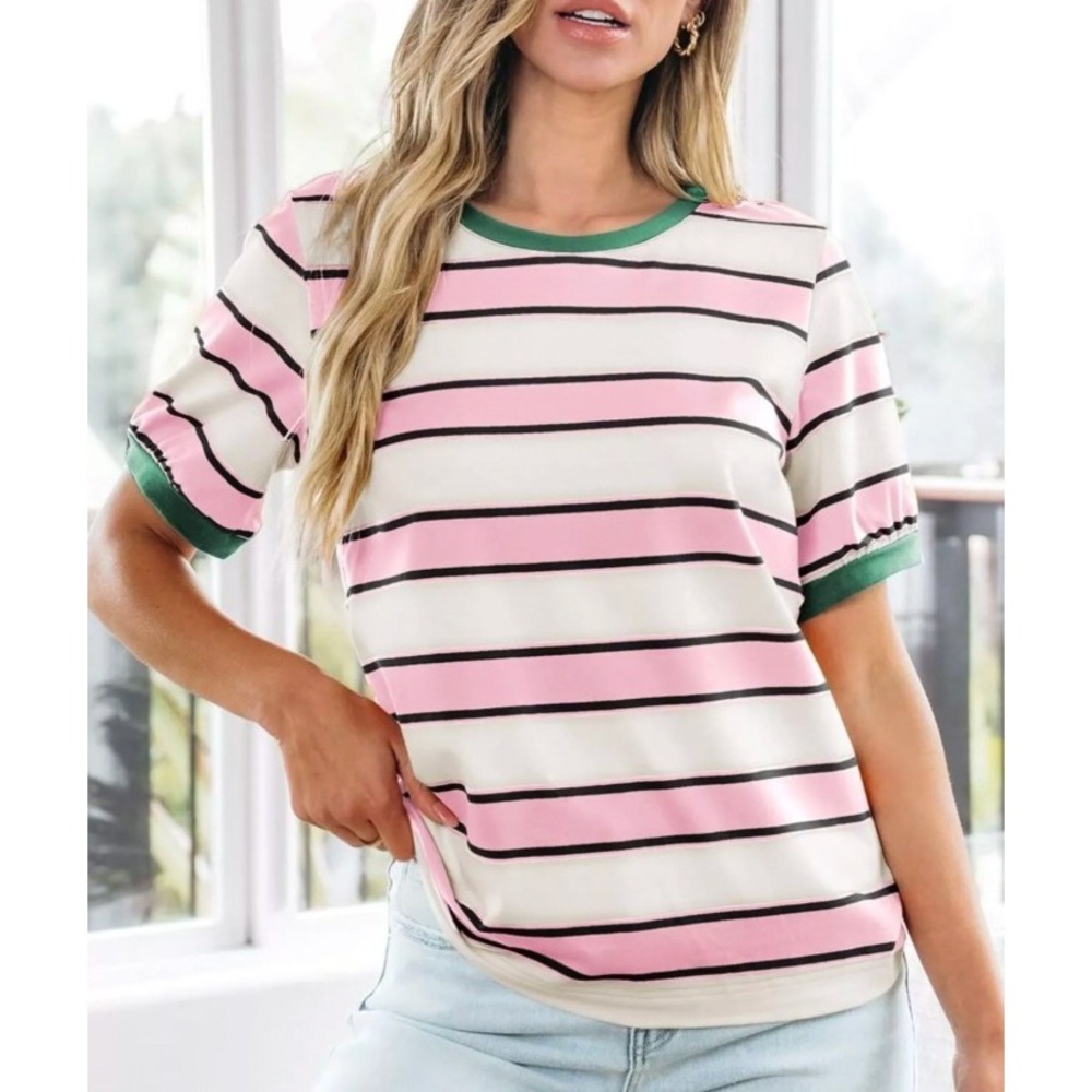Retro Puff Sleeve Indie Striped Ringer Tee Women Size S Pink Green Short Sleeve